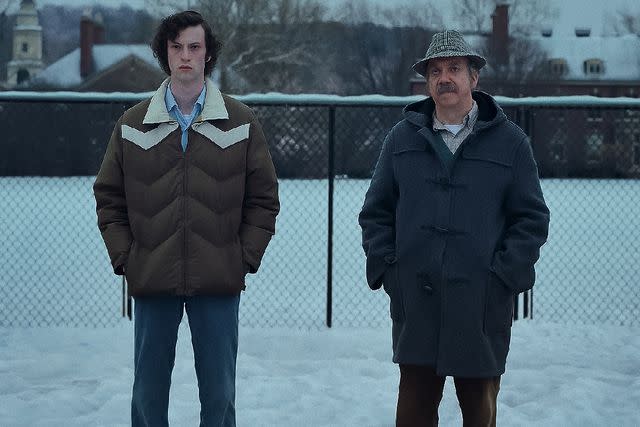 <p>Courtesy of FOCUS FEATURES</p> Dominic Sessa and Paul Giamatti in 'The Holdovers,' 2023