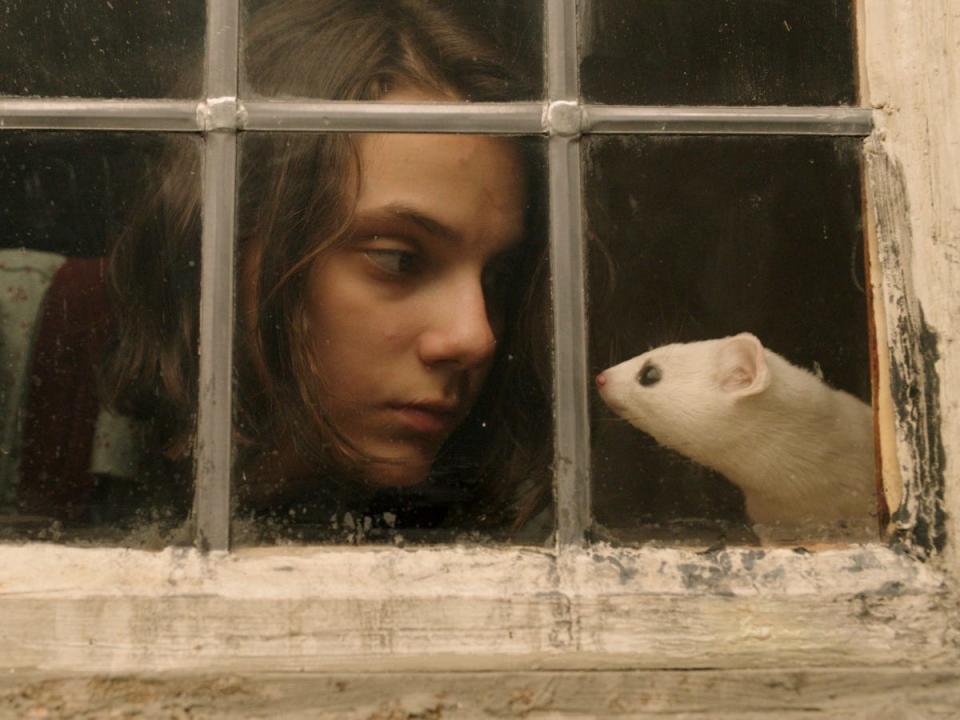 A view through a window of a girl and a white rat looking at each other.