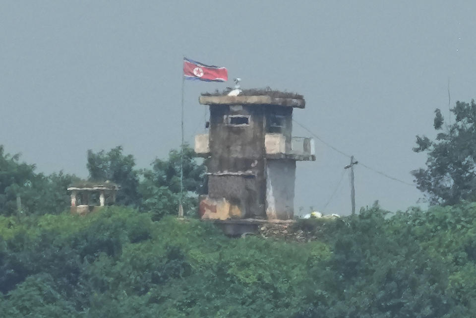 A North Korean military guard post is seen from Paju, South Korea, near the border with North Korea, Thursday, July 27, 2023. North Korean leader Kim Jong Un met with Russian Defense Minister Sergei Shoigu to discuss military issues and the regional security environment, state media said Thursday as the country celebrated the 70th anniversary of an armistice that halted fighting in the 1950-53 Korean War. (AP Photo/Ahn Young-joon)