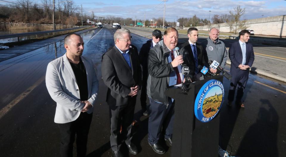 At Rt. 59 in West Nyack, Clarkstown Supervisor George Hoehmann speaks about his plan to get the state to help in remediating the flooding that frequently shuts down the road as well as other areas in the town Jan. 11, 2024.