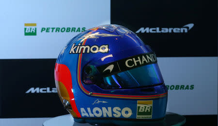 The new helmet of McLaren Formula One driver Spain's Fernando Alonso, with the logo of Petrobras, is pictured during a media conference in Sao Paulo, Brazil February 20, 2018. REUTERS/Paulo Whitaker