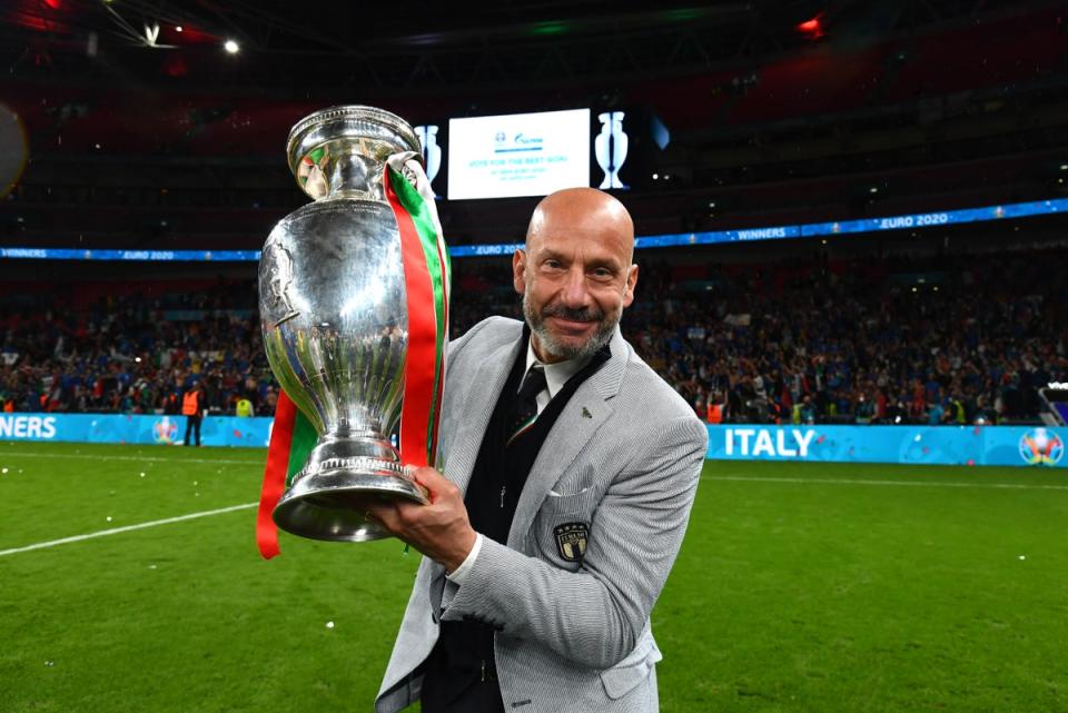 11th July 2021: Gianluca Vialli, Delegation Chief of Italy celebrates with The Henri Delaunay Trophy following his team’s victory in the UEFA Euro 2020 Championship Final between Italy and England at Wembley Stadium (Getty Images)