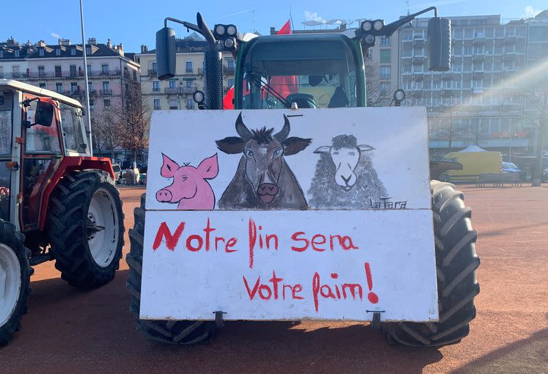 Swiss farmers and their tractors are seen during a protest in Geneva