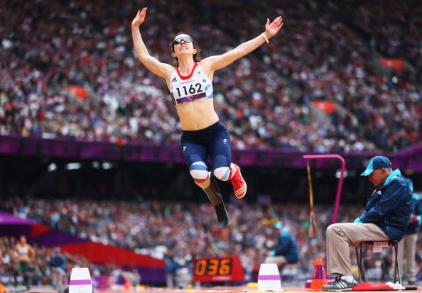 Stef Reid of Great Britain competes in the Women's Long Jump - F42/44 Final on day 4 of the London 2012 Paralympic Games at Olympic Stadium on September 2, 2012 in London, England. (Photo by Michael Steele/Getty Images)