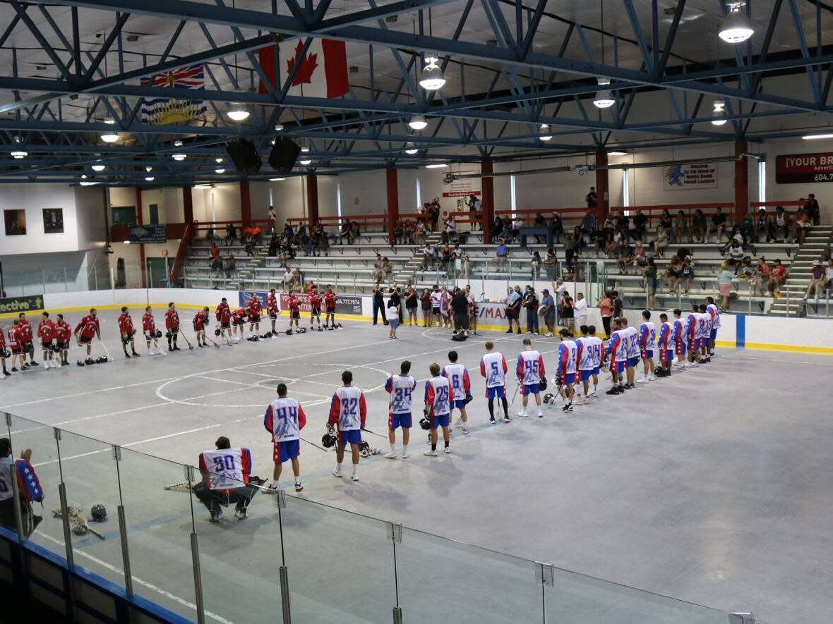 The North Shore Indians, a Senior B team in the West Coast Senior Lacrosse Association, prepare for a game in July at the Harry Jerome Community Recreation Centre. The club's president says the team will be without an arena for years while the City of North Vancouver builds a new facility without keeping the old one operating. (Facebook/North Shore Indians - image credit)