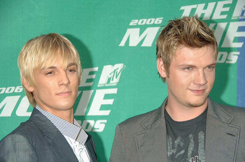 Aaron and Nick Carter arrive at the 2006 MTV Movie Awards at Sony Studios in Culver City, Calif. (Photo: Frank Trapper/Corbis via Getty Images) 