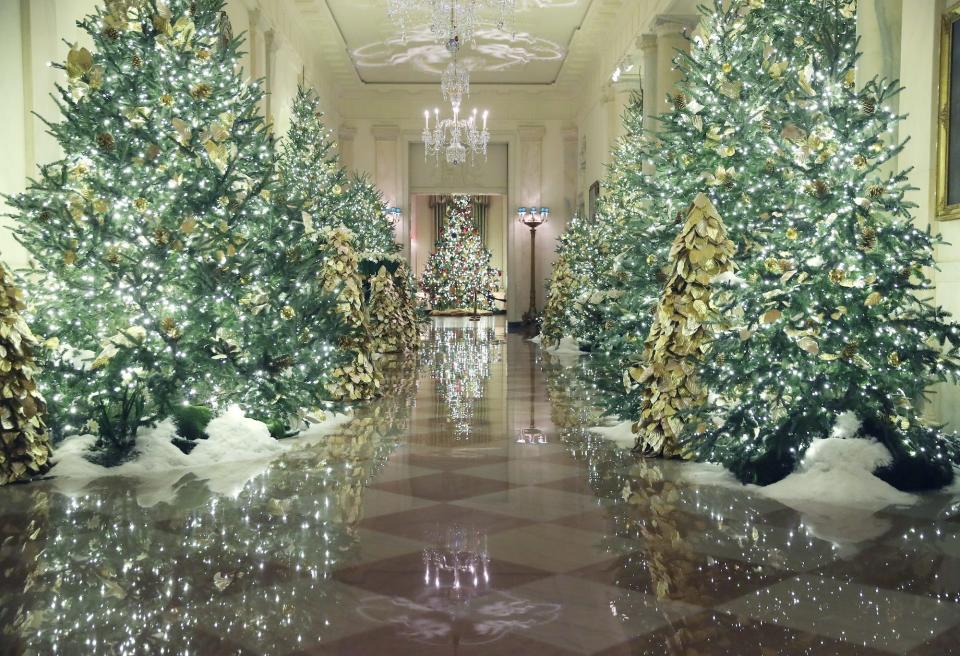 Christmas decorations on display in the Grand Foyer at the White House in 2019.