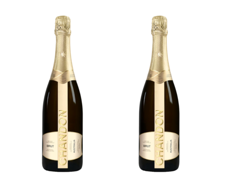 Two bottles of Chandon Brut champagne side by side against a white background.