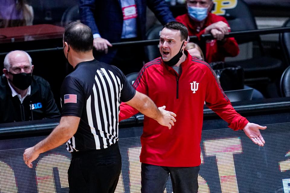 Indiana head coach Archie Miller complains to official Bo Boroski after receiving a technical foul during the second half of a college basketball game against Purdue in West Lafayette, Ind., on March 6. (AP Photo/Michael Conroy)