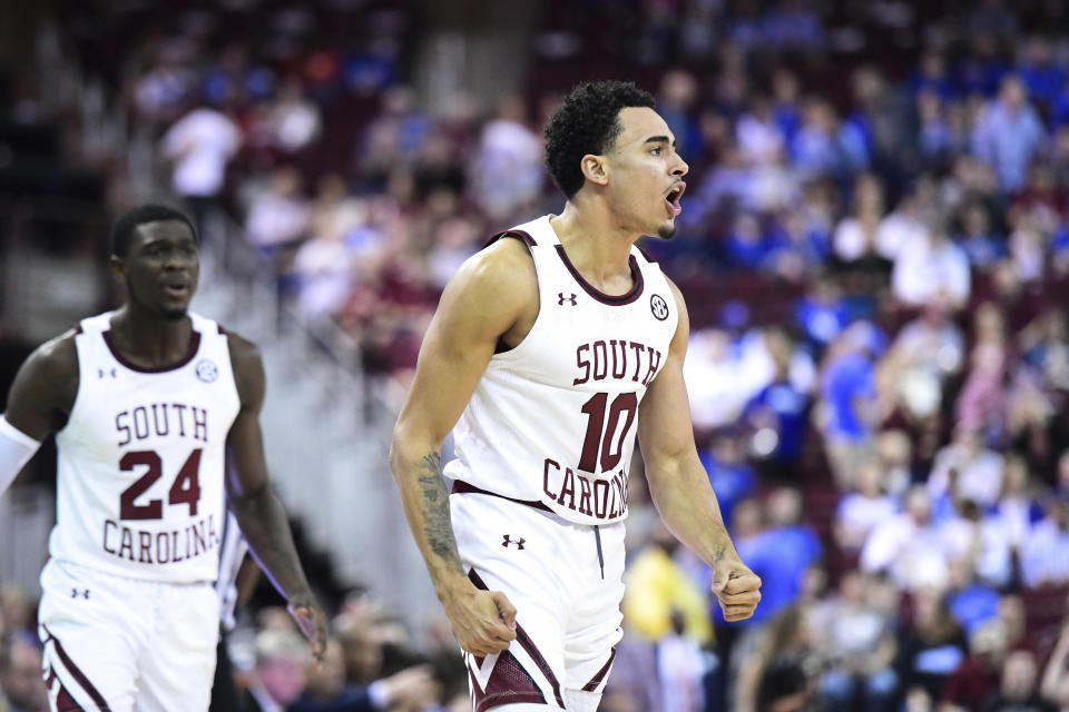 South Carolina forward Justin Minaya (10) reacts after a turnover by Kentucky during the first half of an NCAA college basketball game Wednesday, Jan. 15, 2020, in Columbia, S.C. (AP Photo/Sean Rayford)