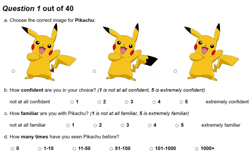 The correct version of Pikachu is the one on the left. Most participants in the study not only chose a wrong version of the popular cartoon character, but they also chose the same wrong one – the Pikachu with the black tip on its tail. Wilma Bainbridge and Deepasri Prasad, <a href="http://creativecommons.org/licenses/by-sa/4.0/" rel="nofollow noopener" target="_blank" data-ylk="slk:CC BY-SA;elm:context_link;itc:0;sec:content-canvas" class="link ">CC BY-SA</a>