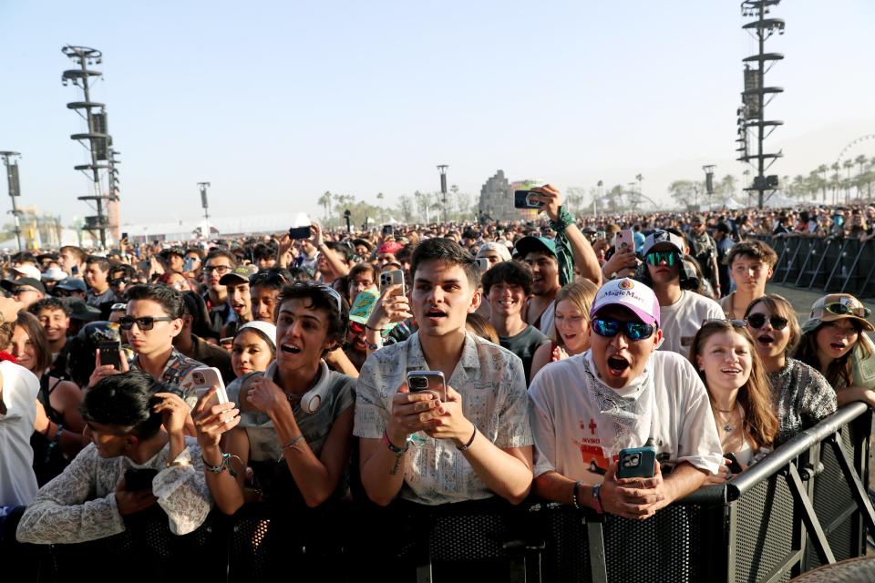 Fans yell for Sabrina Carpenter moments before her performance on the Coachella Stage during the Coachella Music and Arts Festival in Indio, Calif., on Friday, April 12, 2024.