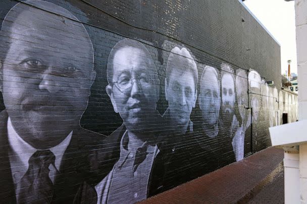 PHOTO: A mural depicting photos of American hostages around the world, created by the Bring Our Families Home Campaign, is seen in the Georgetown neighborhood of Washington, D.C., July 20, 2022. (Sarah Silbiger/Reuters)