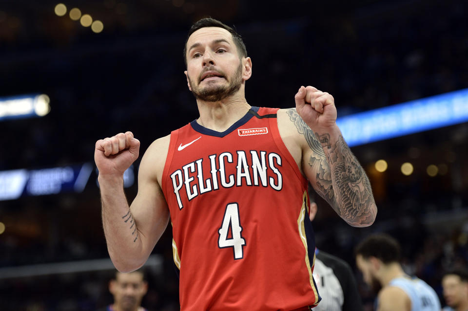 New Orleans Pelicans guard JJ Redick (4) reacts after a play in the first half of an NBA basketball game against the Memphis Grizzlies Monday, Jan. 20, 2020, in Memphis, Tenn. (AP Photo/Brandon Dill)