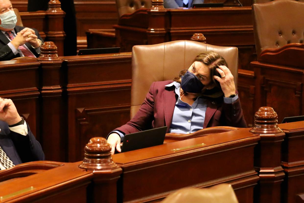 State Sen. Jil Tracy, R-Quincy, watches the Senate debate over hiring a new legislative inspector general on Wednesday. She is the chair of the Legislative Ethics Commission. [Andrew Adams/The State Journal-Register]