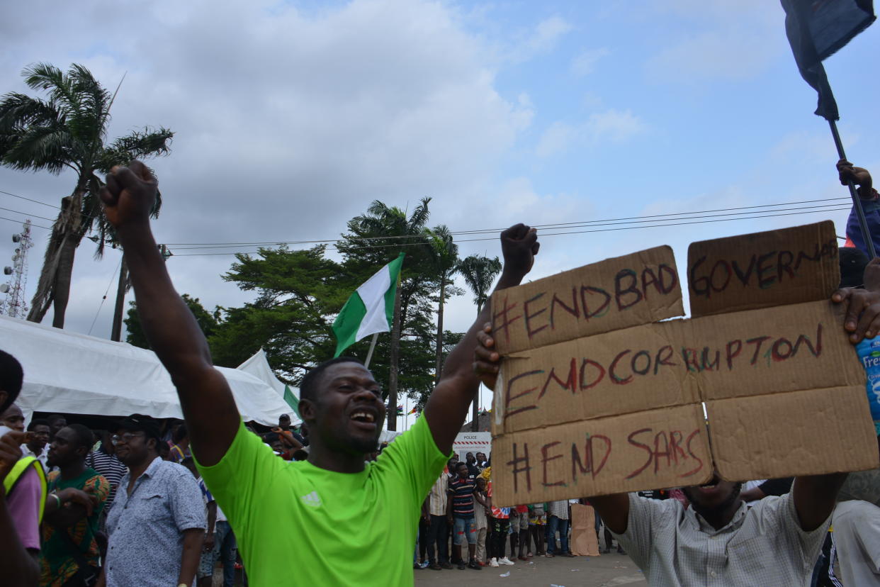 Protesters march at Alausa Secretariat in Ikeja, Lagos State, during a peaceful demonstration against police brutality in Nigeria, on October 20, 2020. (Photo by Olukayode Jaiyeola/NurPhoto via Getty Images)