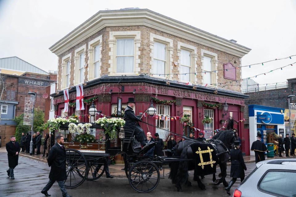 Dot Cotton’s funeral procession makes its way through Albert Square (Jack Barnes / Kieron McCarron / BBC / PA Wire)