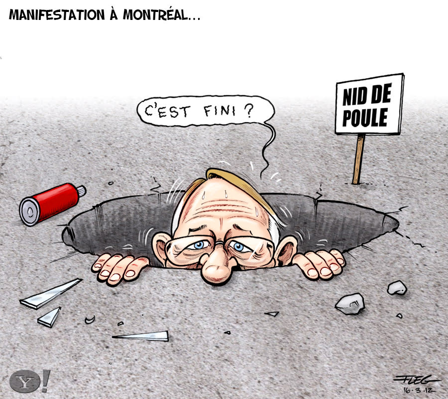 Caricature du 16 mars : Manifestation à Montréal... <a href="http://fr-ca.actualites.yahoo.com/brutalit%C3%A9-le-spvm-fait-226-arrestations-150751641.html" data-ylk="slk:Consultez l'article.;elm:context_link;itc:0;sec:content-canvas;outcm:mb_qualified_link;_E:mb_qualified_link;ct:story;" class="link  yahoo-link">Consultez l'article.</a>