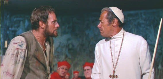 <strong>Subject:</strong> Michelangelo  <strong>Portrayed by:</strong> Charlton Heston  <strong>Period depicted:</strong> The painting of the Sistine Chapel, during which time Michelangelo clashed with Pope Julius II  <strong>Also starring:</strong> Rex Harrison as Pope Julius II