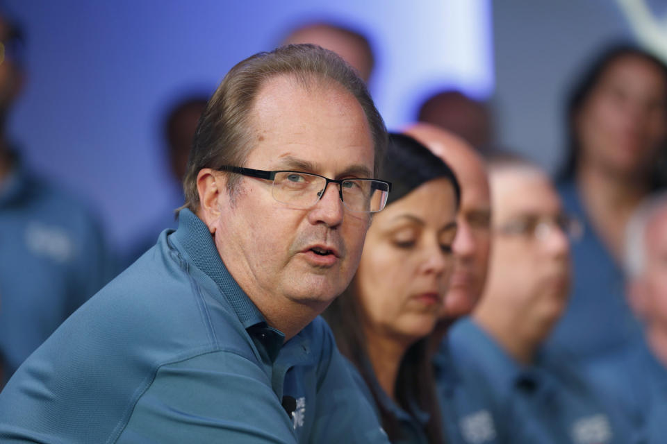 FILE - In this July 16, 2019, file photo, Gary Jones, United Auto Workers President, speaks during the opening of their contract talks with Fiat Chrysler Automobiles in Auburn Hills, Mich. On Wednesday, Aug. 28, 2019, an FBI spokesperson confirmed federal agents are searching Jones' suburban Detroit home apparently another step in an investigation of union corruption. (AP Photo/Paul Sancya, File)