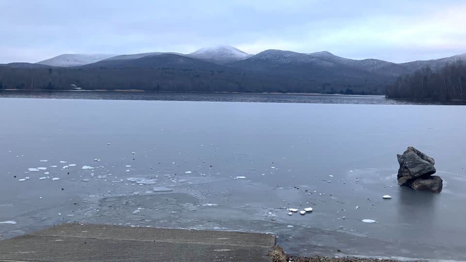 Chittenden Reservoir, a popular ice-fishing spot, in Rutland County, Vermont, is pictured earlier this winter with limited ice and open water. A warm and rainy start to the winter has caused many lakes to not have formed thick enough ice to walk on. - J. Flewelling