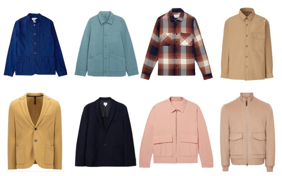 Top row, left to right Chore jackets: Coram jacket, £310, oliverspencer.co.uk; Chore jackets, £89, johnlewis.com Shackets: Whiting overshirt, £140, waxlondon.com; Overshirt jacket, £39.90, uniqlo.com Bottom row, left to right Blazers: Tencel blazer, £350, harriswharflondon.com; Cotton pique unstructured blazer, £229, sunspel.com Blousons: Cotton and silk blouson, £295, mrporter.com; Wool blend blouson, £95, reiss.com