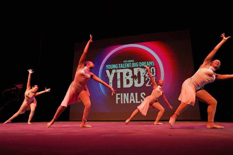 The Quadratic Four featuring Tylah Dorsonne, 14; Shannon Millan, 13; Ariannah Wright, 15; and Azariah Wright, 13; all students at Arthur & Polly Mays Conservatory of the Arts perform in the finals of Young Talent Big Dreams 2024 on the Actors’ Playhouse stage at The Miracle Theatre in Coral Gables on May 11, 2024. The foursome won the Group Dance category.