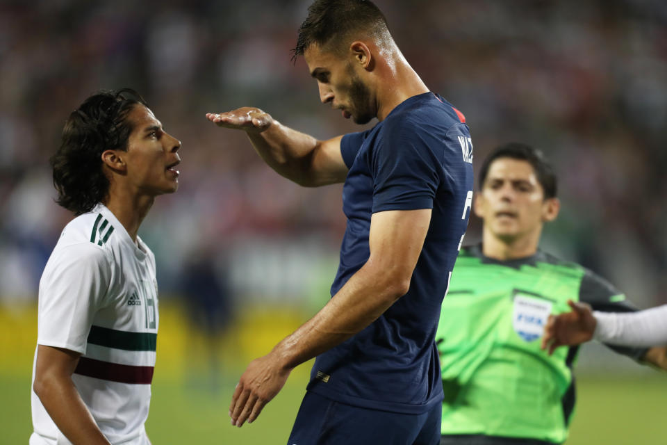 It didn’t appear Matt Miazga (right) and Diego Lainez got along particularly well Tuesday night. (Getty)