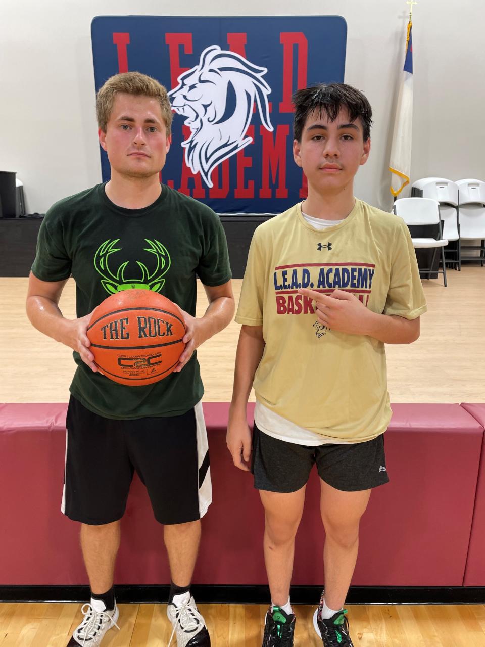 L.E.A.D. Academy's Kyle Shirley and the PNJ's Lucas Semb pose after playing each other in a friendly game of 1-on-1.