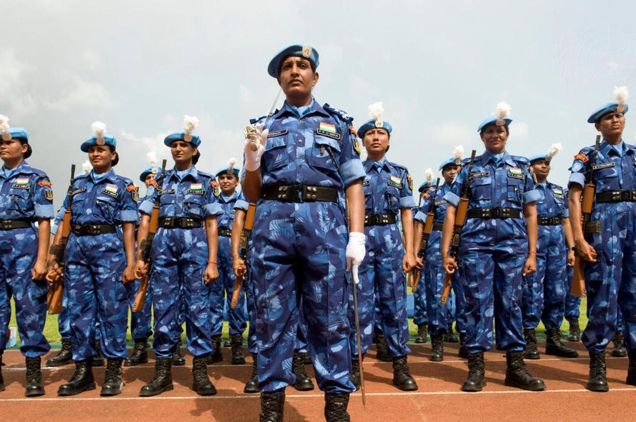 Female police officers working with the U.N. peacekeeping mission in Liberia participate in a parade in 2008. <a href="https://dam.media.un.org/CS.aspx?VP3=DamView&VBID=2AM94SKKB92P&SMLS=1&RW=1495&RH=648#/DamView&VBID=2AM94SKKBOX8&PN=1&WS=SearchResults" rel="nofollow noopener" target="_blank" data-ylk="slk:UN Photo/Christopher Herwig;elm:context_link;itc:0;sec:content-canvas" class="link ">UN Photo/Christopher Herwig</a>