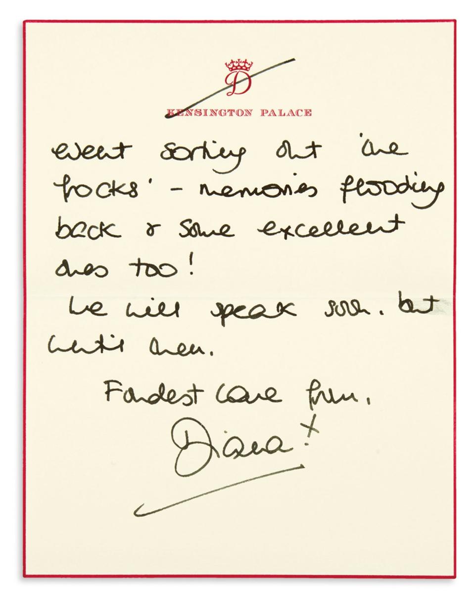 A letter from Princess Diana to friend and Harper's Bazaar editor, Liz Tilberis, regarding her dress auction in 1997. (Swann Auction Galleries)