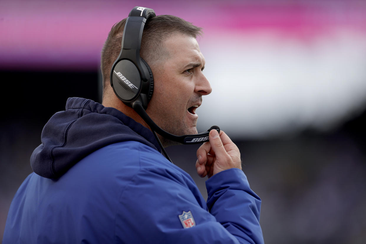 EAST RUTHERFORD, NEW JERSEY - OCTOBER 24: Head coach Joe Judge of the New York Giants reacts during the second half in the game against the Carolina Panthers at MetLife Stadium on October 24, 2021 in East Rutherford, New Jersey. (Photo by Sarah Stier/Getty Images)