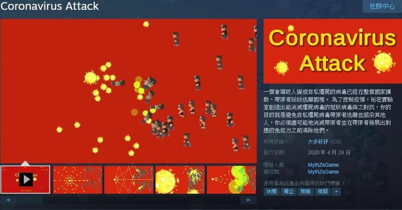 遊戲《Coronavirus Attack（冠狀病毒大進擊）》引發中國網友痛批詆毀中國。（翻攝自Steam）