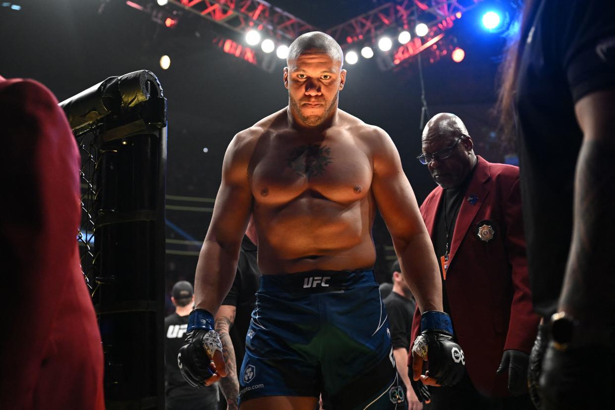 TOPSHOT - French mixed martial arts fighter Ciryl Gane walks out of the octogone after losing to US mixed martial arts fighter Jon Jones during their UFC 285 heavyweight title bout at T-Mobile Arena, in Las Vegas, Nevada, on March 4, 2023. (Photo by Patrick T. Fallon / AFP) (Photo by PATRICK T. FALLON/AFP via Getty Images)