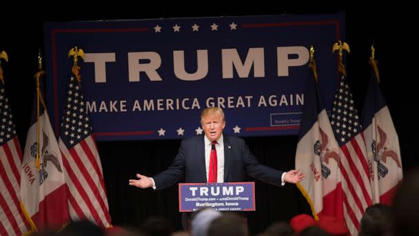 PHOTO: Republican presidential candidate Donald Trump speaks to guests at a campaign rally at Burlington Memorial Auditorium, Oct. 21, 2015, in Burlington, Iowa. (Scott Olson/Getty Images)