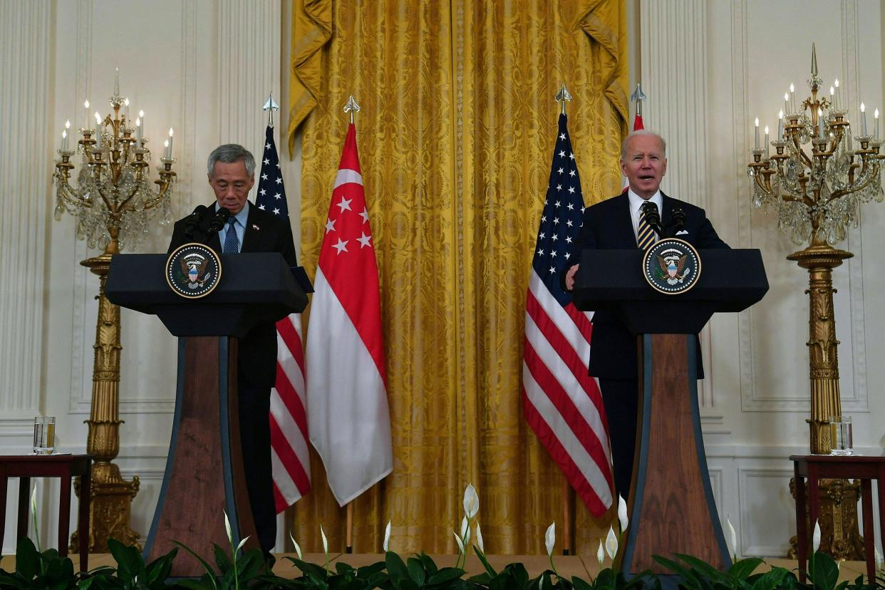 U.S. President Joe Biden speaks during a joint news conference with Prime Minister Lee Hsien Loong of Singapore in the East Room of the White House on March 29, 2022, in Washington, DC.