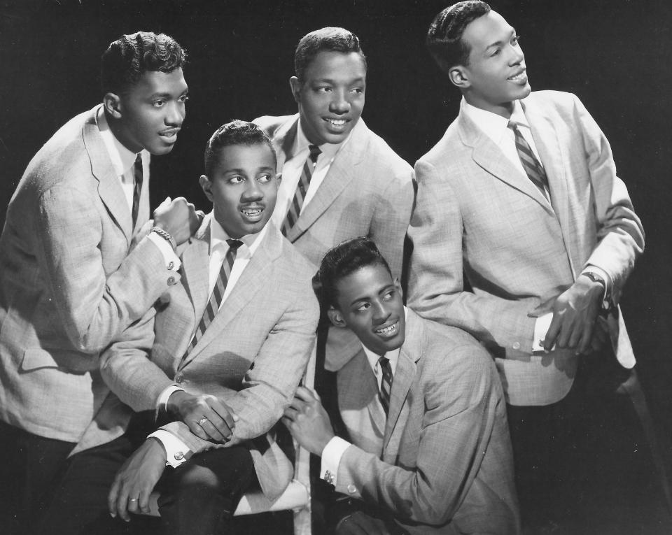 The Temptations, featuring Otis Williams, Melvin Franklin, Paul Williams, David Ruffin and Eddie Kendricks, pose for a 1960s portrait for Motown.