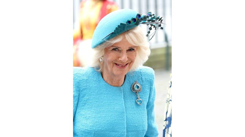 Queen Camilla in a teal outfit
