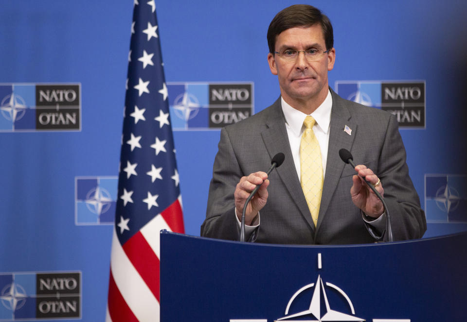 U.S. Secretary for Defense Mark Esper speaks during a media conference after a meeting of NATO defense ministers at NATO headquarters in Brussels, Friday, Oct. 25, 2019. NATO defense ministers on Friday discussed efforts to deter Russia in eastern Europe and the future of the mission training security forces in Afghanistan. (AP Photo/Virginia Mayo)