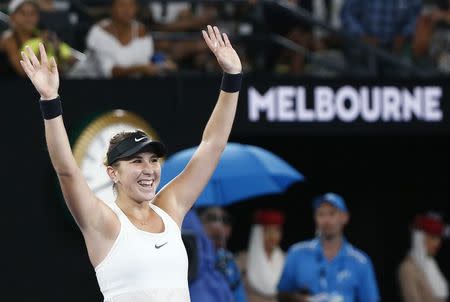 Tennis - Australian Open - Venus Williams of the U.S. v Belinda Bencic of Switzerland - Rod Laver Arena, Melbourne, Australia, January 15, 2018. Bencic celebrates after winning her match. REUTERS/Thomas Peter