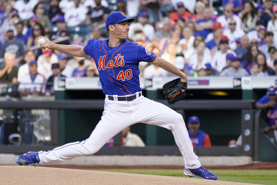 New York Mets pitcher Chris Bassitt delivers during the first inning of a baseball game against the Philadelphia Phillies, Sunday, May 29, 2022, in New York. (AP Photo/Mary Altaffer)