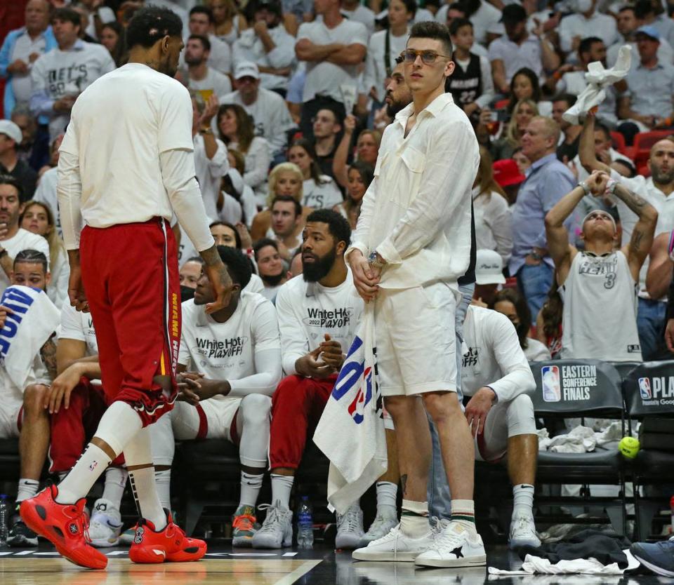 Miami Heat guard Tyler Herro (14) looks on as the Heat trails against the Boston Celtics during the fourth quarter in Game 5 of the Eastern Conference Finals at FTX Arena in Miami on Wednesday, May 25, 2022.