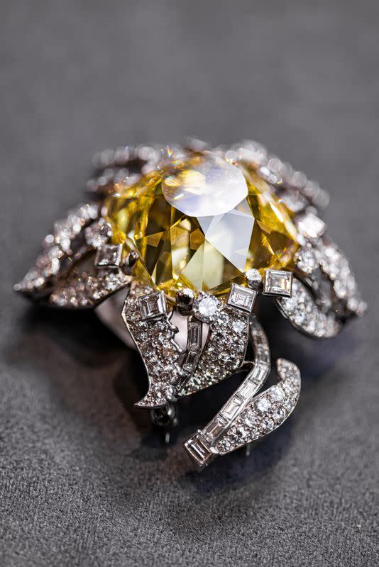 The Allnatt, a 101.29-carat yellow diamond is displayed ahead of auction in Geneva