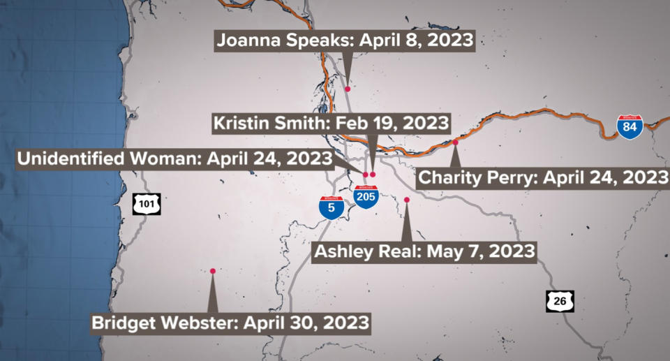 A map of the Portland area points to where each women's body was found in and around Portland, highlighting the close proximity.