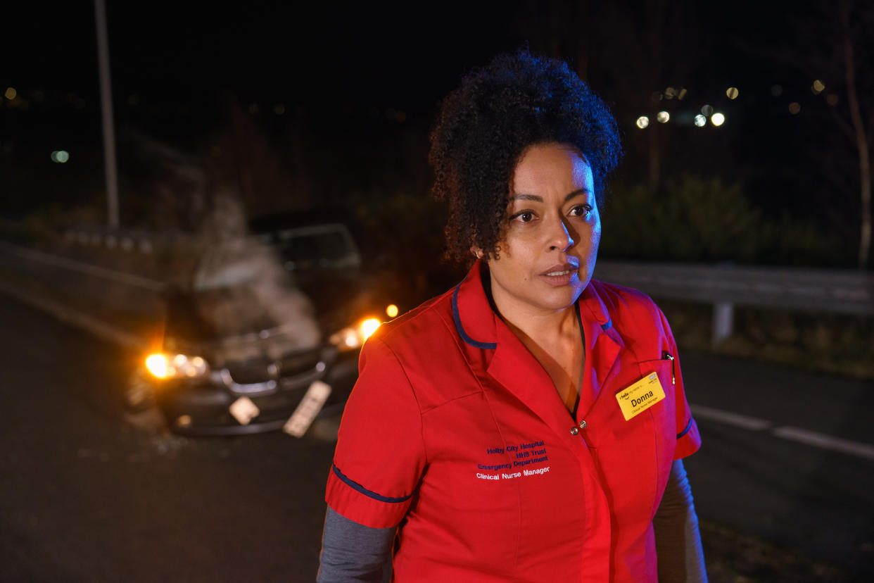  EMBARGOED TILL TUESDAY 18TH JULY 2023 Donna Jackson is driven to breaking point in Casualty episode Hooke's Law. 