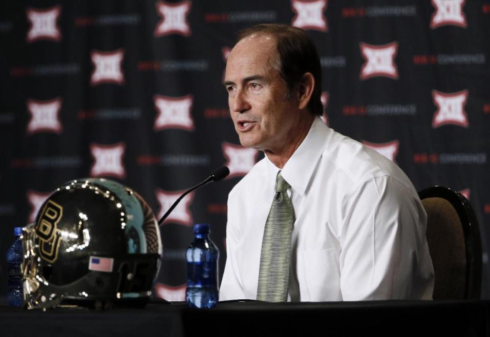 FILE - In this July 21, 2015, file photo, Baylor coach Art Briles addresses attendees at the NCAA college Big 12 Conference football media days in Dallas. Texas’ top law enforcement agency has opened a preliminary investigation into Baylor University and how it handled reports of sexual and physical assault over several years. The Texas Rangers confirmed Wednesday, March 1, 2017, they are working with the McLennan County prosecutor’s office to “determine if further action is warranted.” Baylor fired Briles in 2016 and demoted former President and Chancellor Ken Starr, who later resigned. Former athletic director Ian McCaw also resigned and is now at Liberty University in Virginia. (AP Photo/Tony Gutierrez, File)