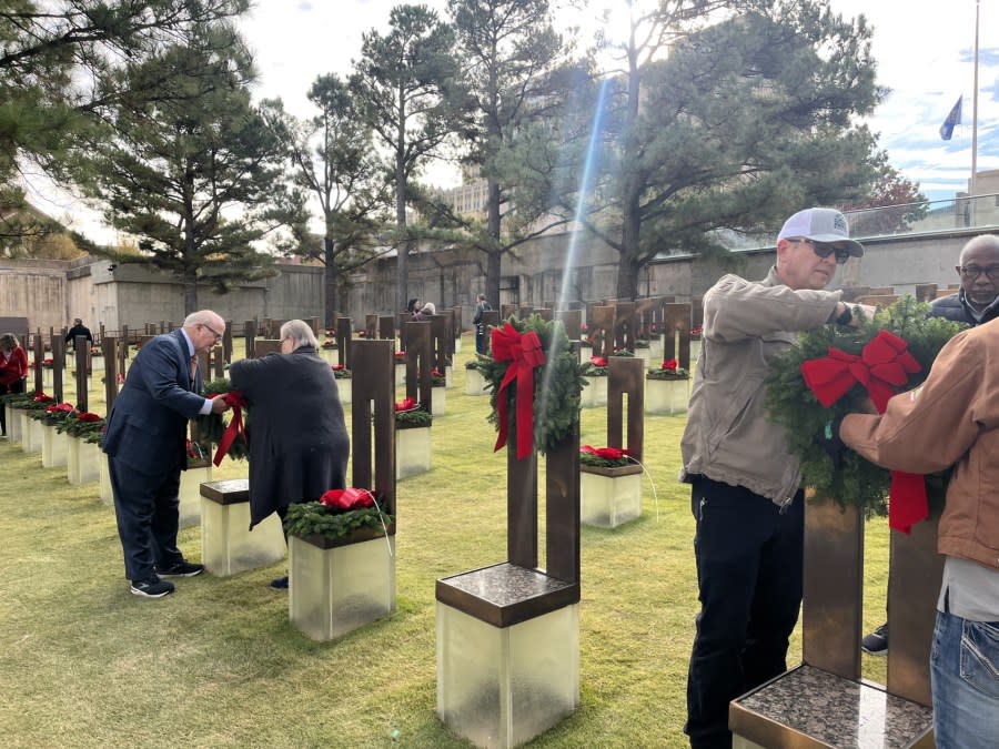 Christmas wreaths on chairs at Oklahoma City National Memorial Museum.