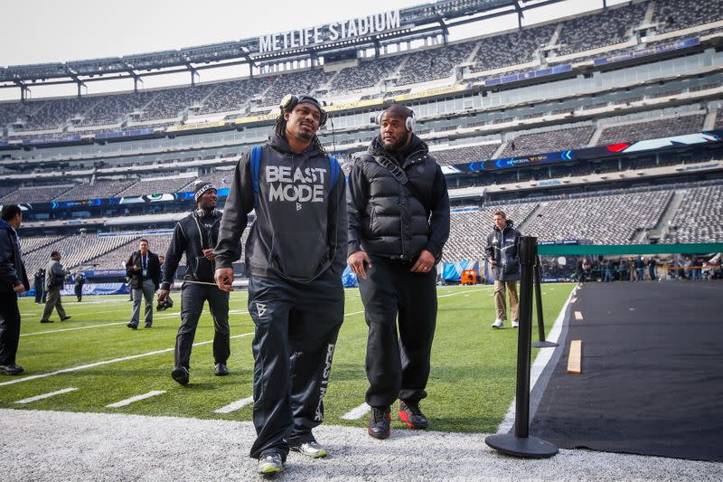 Seattle Seahawks running back Marshawn Lynch walks off the field at the MetLife Stadium during their NFL Super Bowl XLVIII walk-through in East Rutherford, New Jersey