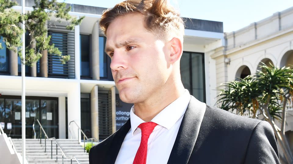 St. George Illawarra Dragons rugby league player Jack de Belin leaves the Wollongong District Court. (AAP Image/Dean Lewins)