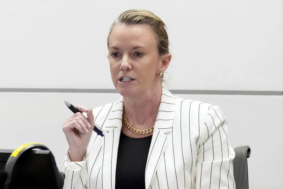 Assistant Public Defender Melisa McNeill moves for a mistrial during the penalty phase of the trial of Marjory Stoneman Douglas High School shooter Nikolas Cruz at the Broward County Courthouse in Fort Lauderdale, Fla., Thursday, Sept. 1, 2022. Cruz previously plead guilty to all 17 counts of premeditated murder and 17 counts of attempted murder in the 2018 shootings. (Amy Beth Bennett/South Florida Sun Sentinel via AP, Pool)